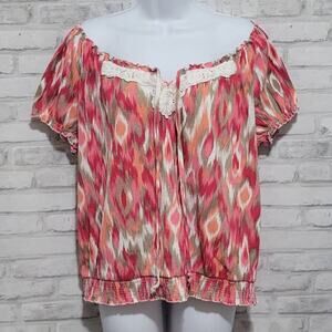 French Laundry Ikat Peasant Blouse Crochet Trim Women Summer XL Pink Orange